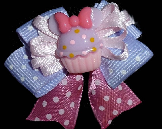 Puppy Bows ~ Minnie Mouse pink purple birthday cupcake dog bow bands or barrette clips (fb85)