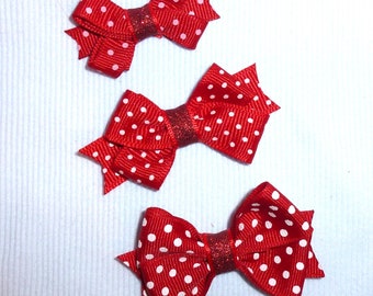 Puppy Bows ~ poils de chien PETITS clips à pression pour animaux de compagnie rouge à pois blancs 3 tailles 5 couleurs topknots (CD)