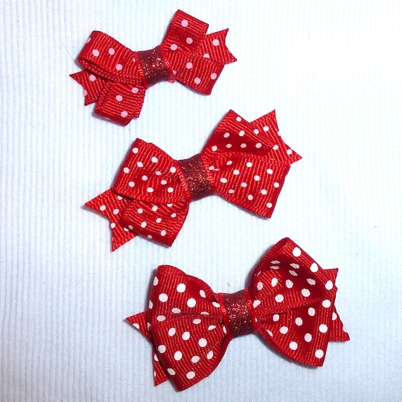 Puppy Bows ~ dog hair SMALL pet snap clips red white polka dots 3 sizes 5 colors topknots (CD)