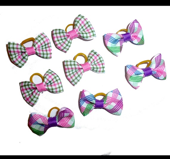 Puppy Bows ~  everyday pink plaid 4 pairs dog groomers grooming pet hair bows girl colors (fb293)