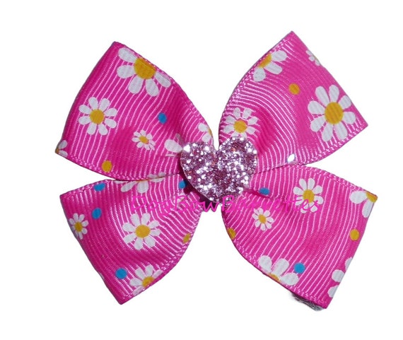 Puppy Dog Bows Pink daisy glitter heart pet hair show bow barrettes or bands (FB188F)