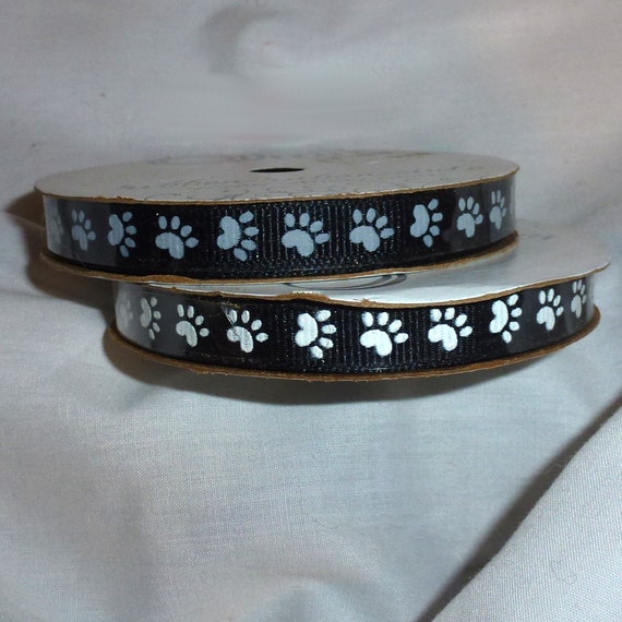 Puppy Bows ~ ribbon craft supplies LOT 3/8" grosgrain paw print black white gray 8 yards Offray (lot6)
