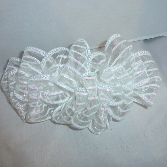 Becky Bows~ Barrette Hand crafted huge ribbon BIG hair bow Women or Girls giant white glitter snow