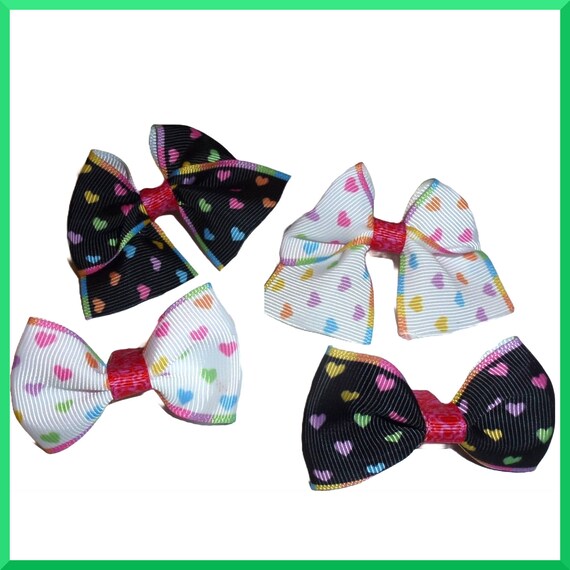 Puppy Bows ~SET OF 4  black white rainbow hearts  hair bowknot bow bands or barrette  (fb464)