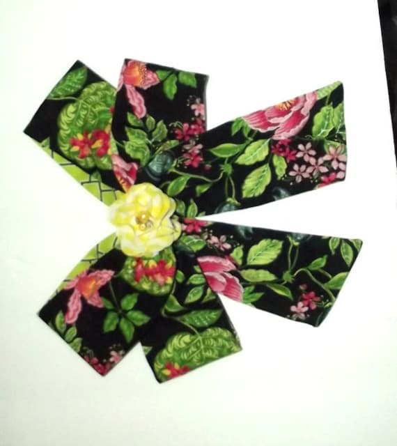 Becky Bows ~OOAK Barrette Hand crafted huge scarf BIG hair bow Women or Girls Vera Bradley black green roses