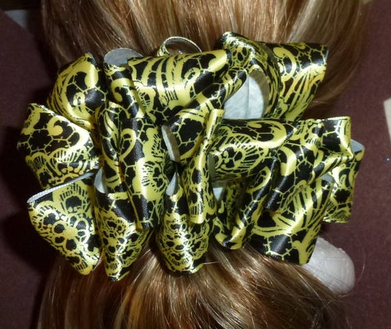 Becky Bows ~ Barrette ribbon Hand crafted oversized BIG hair bow Women or Girls yellow black paisley