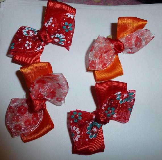 Puppy Bows ~ 4 red/orange floral pet hair bow latex band ~Usa seller (fb92)