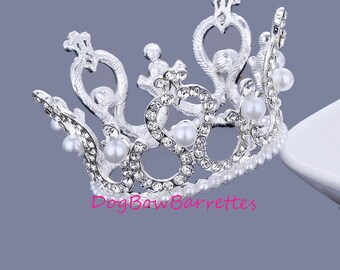 Puppy Bows ~ STUNNING pearl 3D crystal swirls silver full round tiara for dogs pet hair crown beauty pageant style barrette (fbg7)