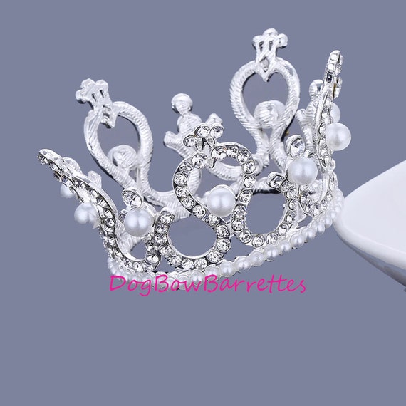 Puppy Bows ~ STUNNING pearl 3D crystal swirls silver full round tiara for dogs pet hair crown beauty pageant style barrette (fbg7)