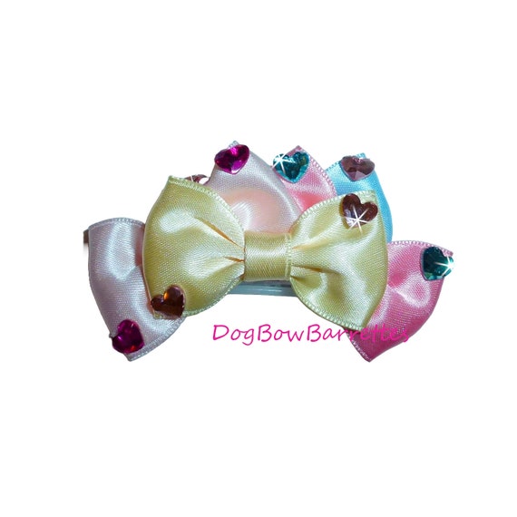 Puppy bows specialty yellow pink satin rhinestone hearts pet bow hair clip (FB114)