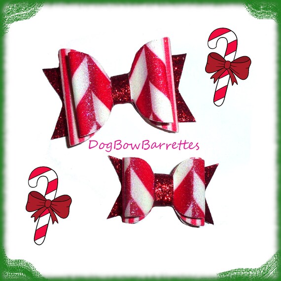 Christmas candy cane stripes Glitter hair bows barrettes or bands (GLBX)