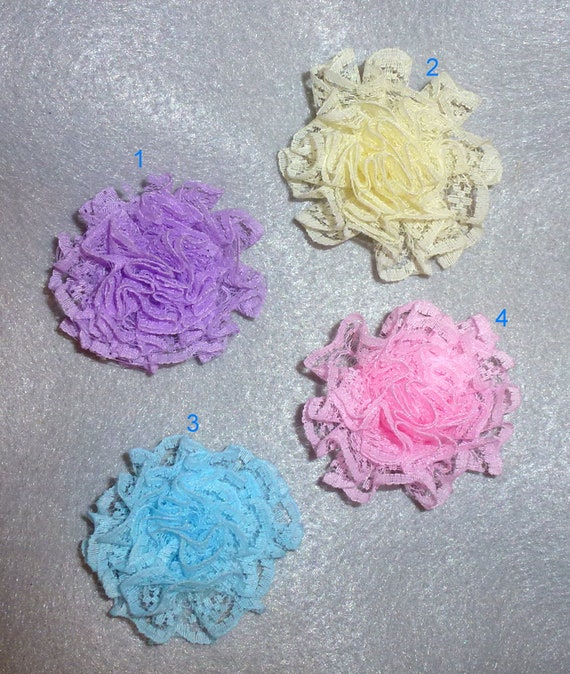 Puppy Bows ~ Shabby chic LACE flower 4 assorted colors pet hair bow barrettes or bands (fb105)