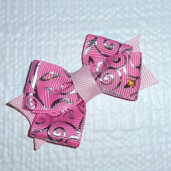 Puppy Bows ~Pink/silver swirl dog pet hair bowknot bow bands or barrette or collar slide (fb119)~USA seller