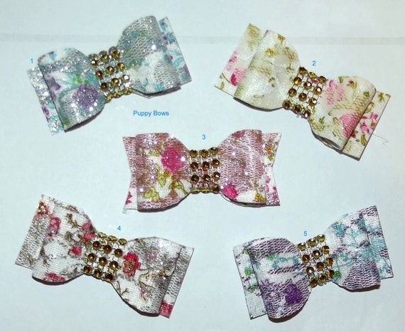 Puppy Bows ~ Purple pink roses silver splash barrette pet hair clip with rhinestone centers ~USA seller (fb10)