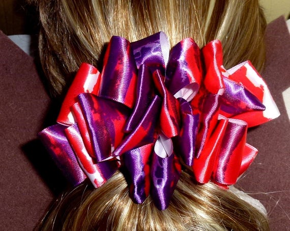 Becky Bows~ Barrette Hand crafted huge ribbon BIG hair bow Women or Girls giant red purple watercolor