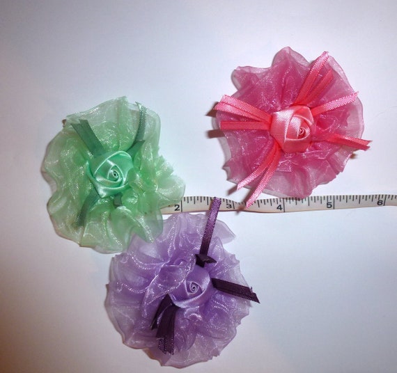 Puppy Bows ~ Green pink purple organza satin roses pet hair bow barrettes or bands (fb103)