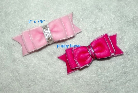 Puppy Bows ~ Pink, blue, green, purple, orange velvet double loop show bow latex bands or barrette (fb76)