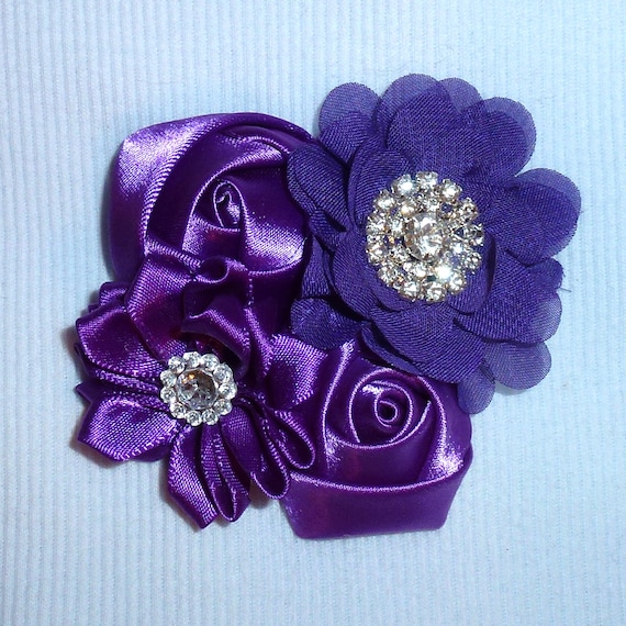 Puppy Bows ~ Dog collar slide bow large dog hair bows purple roses lace and rhinestones ~USA seller (fb162)