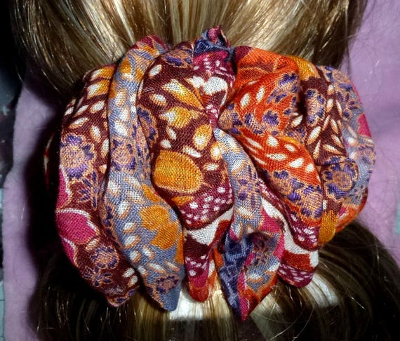Becky Bows ~ ROSETTE Barrette Hand crafted giant huge Scarf BIG hair bow Women or Girls brown orange rose floral