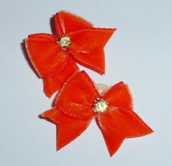Puppy Bows ~Velvet dog bow with rhinestone center pet hair barrette clip purple green orange ~USA seller