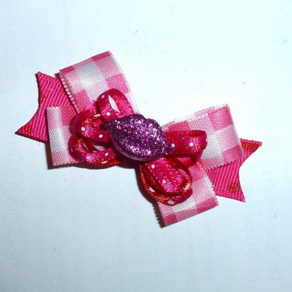 Puppy Bows ~ Valentine's day red or pink lips gingham barrette or bands pet dog bow (fb121)