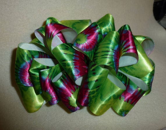 Becky Bows ~ Barrette ribbon Hand crafted oversized BIG hair bow Women or Girls green tie dye