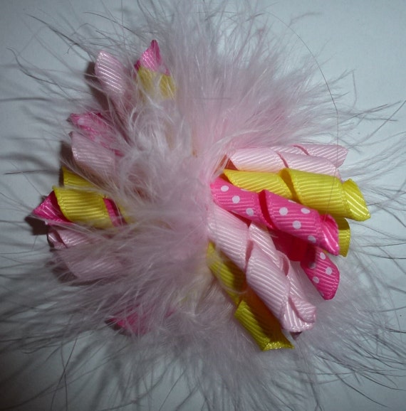 Puppy Bows feather boa pink yellow fuzzy Korker loop hair bow or collar slide pet hair clip barrette or latex bands   (fb120)