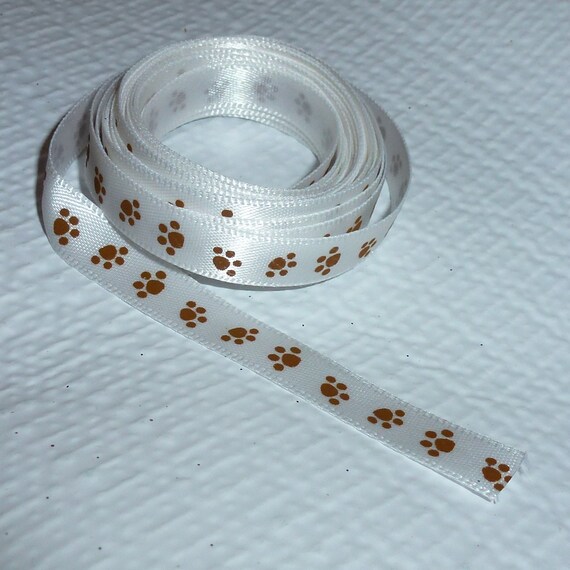 Puppy Bows ~ ribbon craft supplies 3/8" white brown satin dog paw print ~ US seller