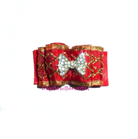 Dog bows rhinestone bowknot red/gold pet hair show bow barrettes or bands (fb100E)