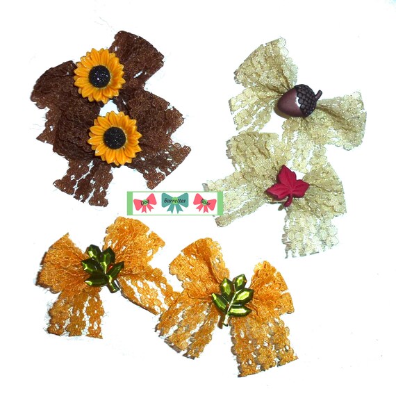 Thanksgiving Fall lace pairs leaves Autumn dog bows hair bow barrettes or bands (fb610)