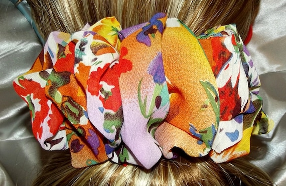 Becky Bows ~ Barrette scarf Hand crafted oversized BIG hair bow Women or Girls burgundy orange floral