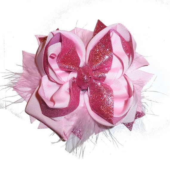 Puppy Bows ~  Pink rose feather glitter bow 5" big  bowknot bow bands or barrette or collar slide  (DC45)