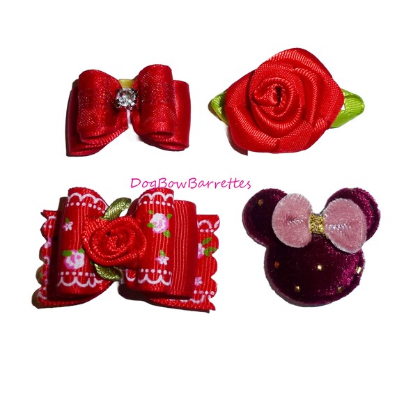 DogBowBarrettes red set  pet hair bow barrettes or bands (fb73)