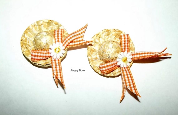 Puppy Bows ~ Daisy and Orange gingham straw hat dog bow with pet hair clip (fb9)