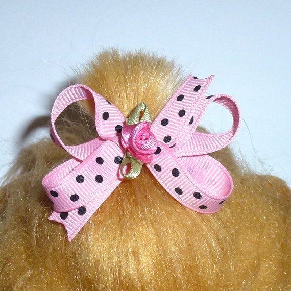 Puppy Bows ~3 twisted boutique pink dots Yorkie Maltese Shih Tzu ~Usa seller (fbdr)