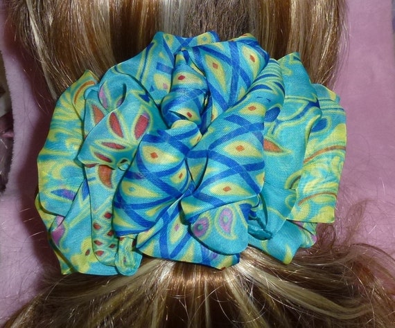 Becky Bows ~ Barrette scarf Hand crafted oversized BIG hair bow Women or Girls peacock blue green