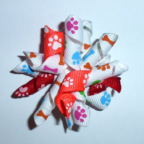 Puppy Bows ~Multi color paw print dog bone Korker loop dog bow pet hair clip barrette or latex bands (fb120)