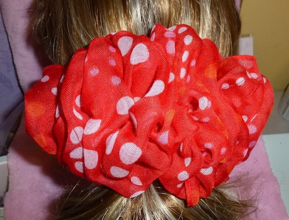 Becky Bows ~ Barrette scarf Hand crafted oversized BIG hair bow Women or Girls reddish orange polka dots