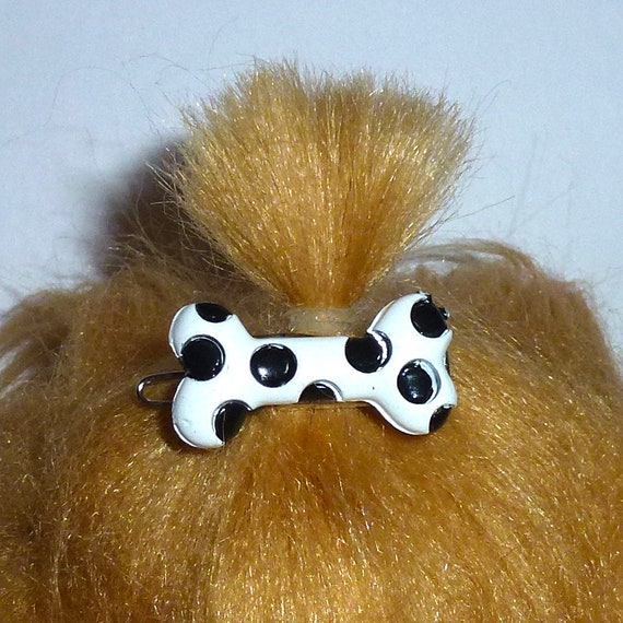 Puppy Bows ~Barrette DOG BONE black white dots Boys pet hair clip ~USA seller