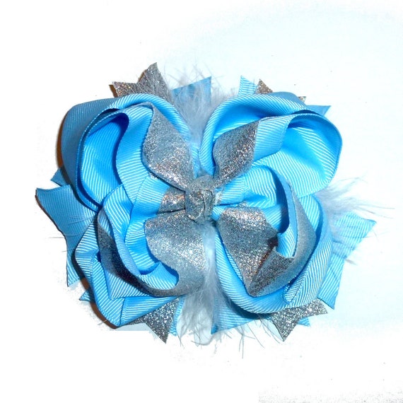 Puppy Bows ~  Blue silver feather glitter bow 5" big  bowknot bow bands or barrette or collar slide  (DC45)