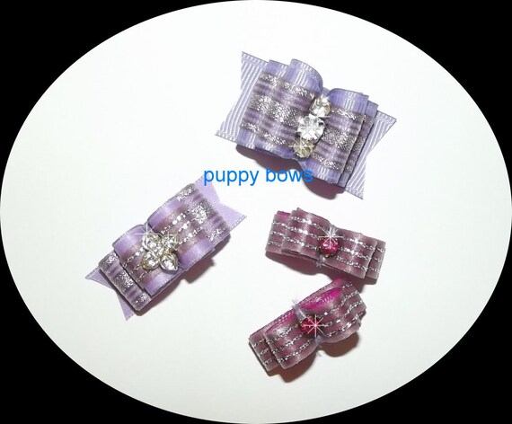 Puppy Bows ~ lavender rhinestone double looped show bow 3 sizes purple pet hair ~USA seller (fb18)