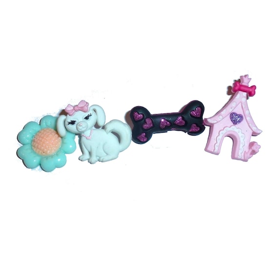 CLEARANCE set of 4 tiny pet hair clip barrette or latex bands dog bone house flower  - (fb116A)