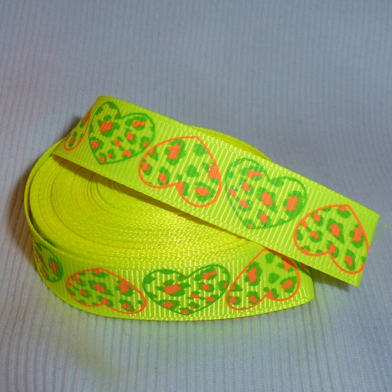 Puppy Bows ~ craft supplies bright yellow grosgrain 5/8" ribbon orange animal print hearts 5 yards