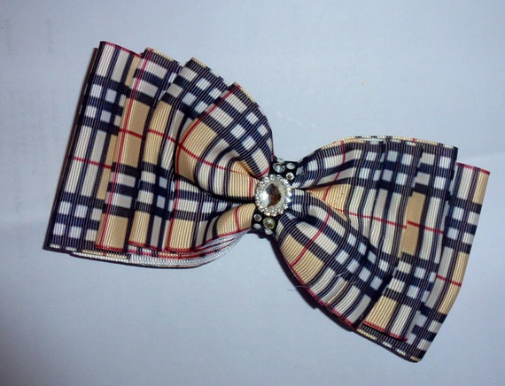 Becky Bows ~ Barrette ribbon Hand crafted oversized BIG hair bow Women or Girls TAN berry PLAID