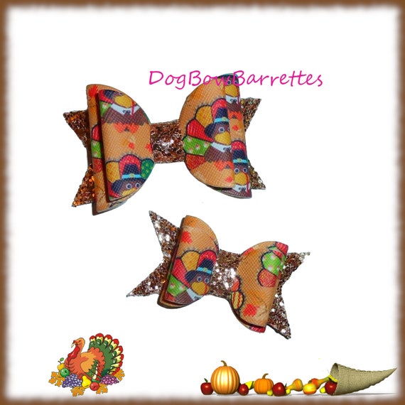 Christmas Thanksgiving turkey Glitter hair bows barrettes or bands (GLBX)