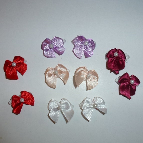 Super tiny pearl beaded 10 satin bows on plastic barrette  clip pet hair dog bow (fb361N)