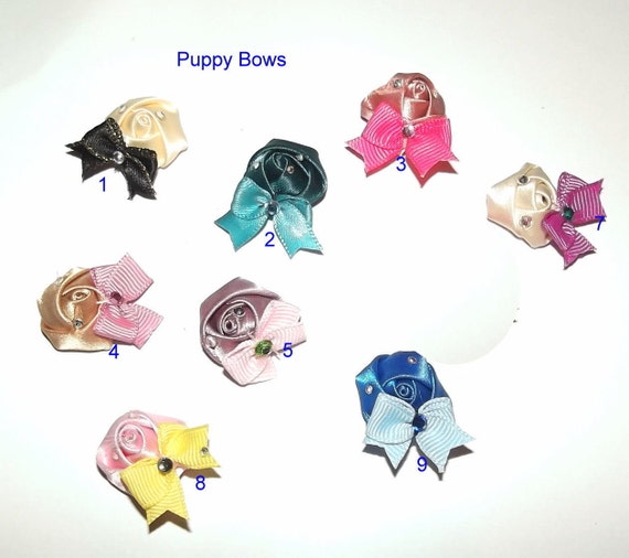 Puppy Bows ~ Super wee tiny hand rolled rose with tiny bow and rhinestones barrette or band dog hair accessories