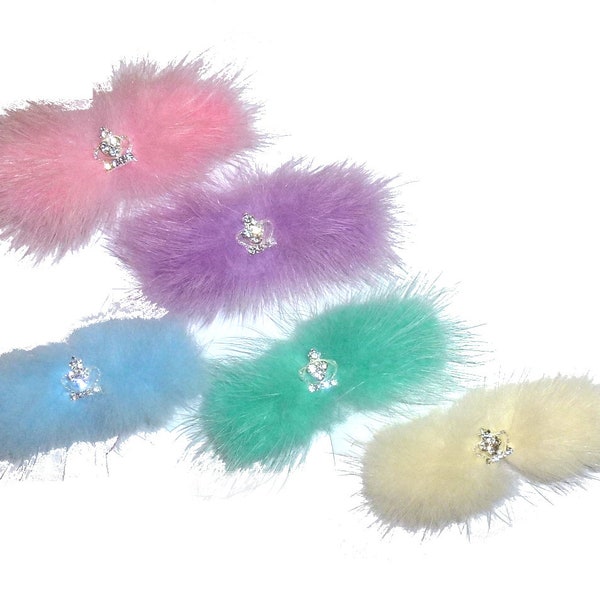 Puppy Bows ~  3" fuzzy feather fur marabou swatch puff with rhinestone crown pet dog hair bow (fb4)