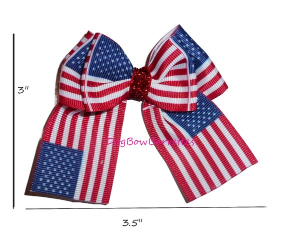 Puppy Bows ~ 4th of July Memorial day Patriotic USA American flag pet hair bow or collar accessory latex bands or barrette  (fb47c)