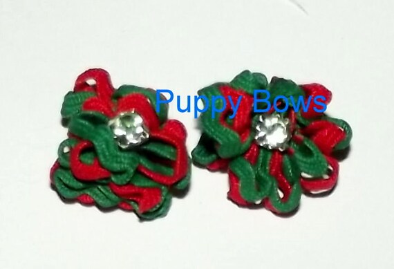 Puppy Bows ~TINY CHRISTMAS rhinestone FLOWER dog bow pet hair bow Maltese (fb3)